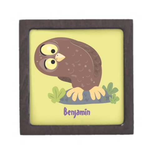 Cute curious funny brown owl cartoon illustration gift box