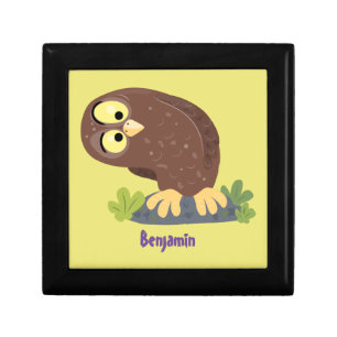 Cute curious funny brown owl cartoon illustration gift box