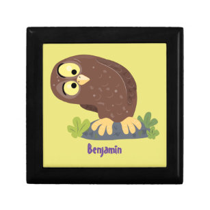 Cute curious funny brown owl cartoon illustration gift box