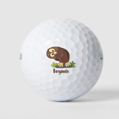 Cute curious funny brown owl cartoon illustration golf balls