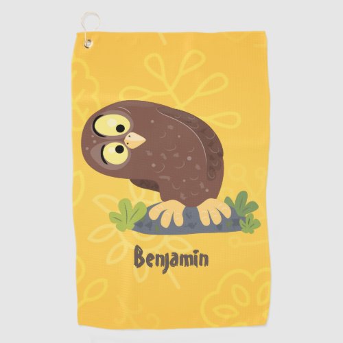 Cute curious funny brown owl cartoon illustration golf towel