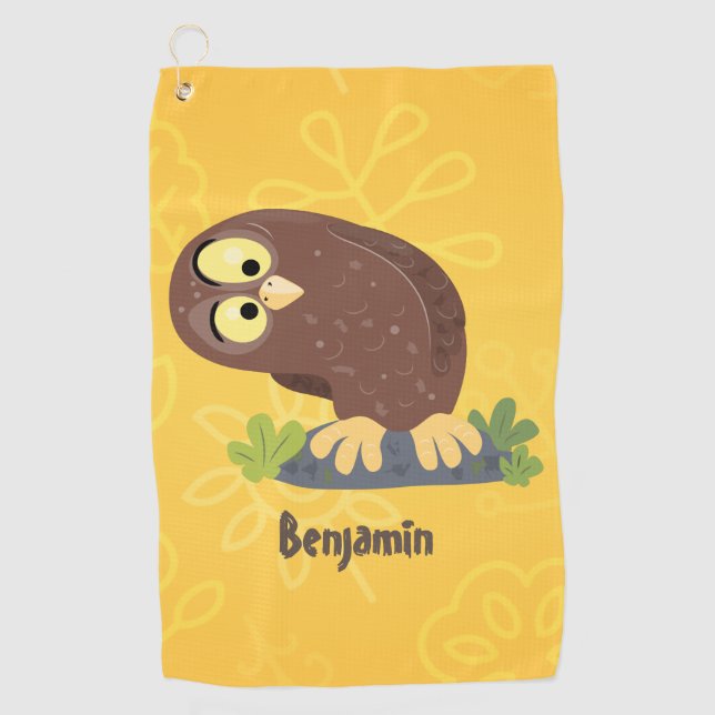 Cute curious funny brown owl cartoon illustration golf towel (Front)