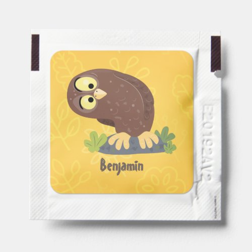 Cute curious funny brown owl cartoon illustration hand sanitizer packet