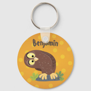 Cute curious funny brown owl cartoon illustration keychain
