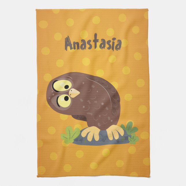 Cute curious funny brown owl cartoon illustration kitchen towel (Vertical)