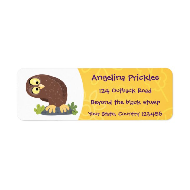 Cute curious funny brown owl cartoon illustration label (Front)