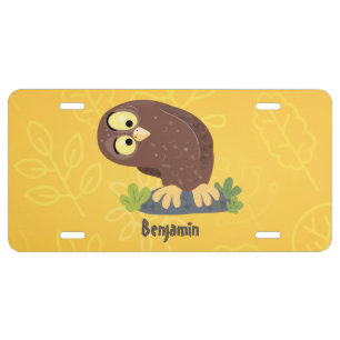 Cute curious funny brown owl cartoon illustration license plate
