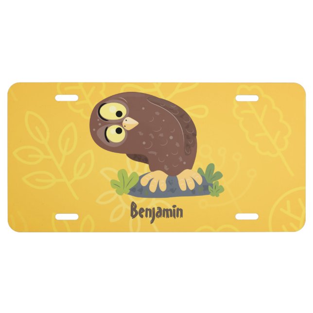 Cute curious funny brown owl cartoon illustration license plate (Front)