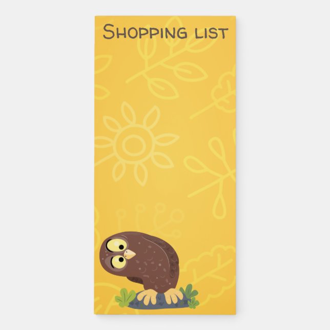 Cute curious funny brown owl cartoon illustration magnetic notepad (Front)