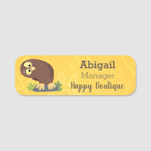 Cute curious funny brown owl cartoon illustration name tag