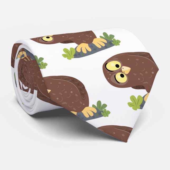 Cute curious funny brown owl cartoon illustration neck tie (Rolled)