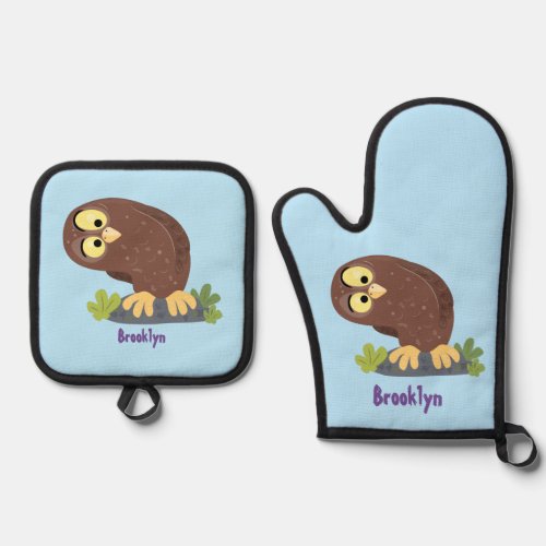 Cute curious funny brown owl cartoon illustration oven mitt  pot holder set