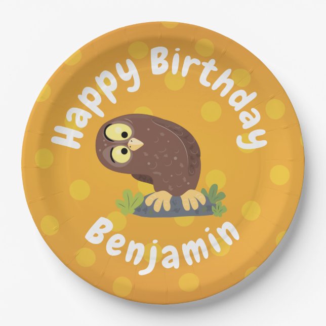 Cute curious funny brown owl cartoon illustration paper plates (Front)