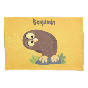 Cute curious funny brown owl cartoon illustration pillow case