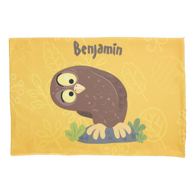 Cute curious funny brown owl cartoon illustration pillow case (Front)