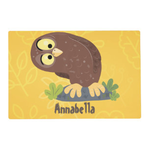 Cute curious funny brown owl cartoon illustration placemat