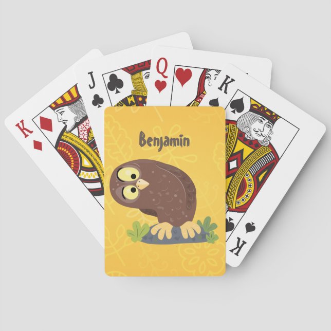 Cute curious funny brown owl cartoon illustration poker cards (Back)