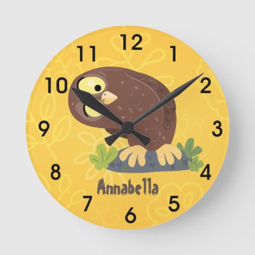 Cute curious funny brown owl cartoon illustration round clock