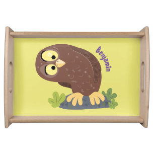 Cute curious funny brown owl cartoon illustration serving tray
