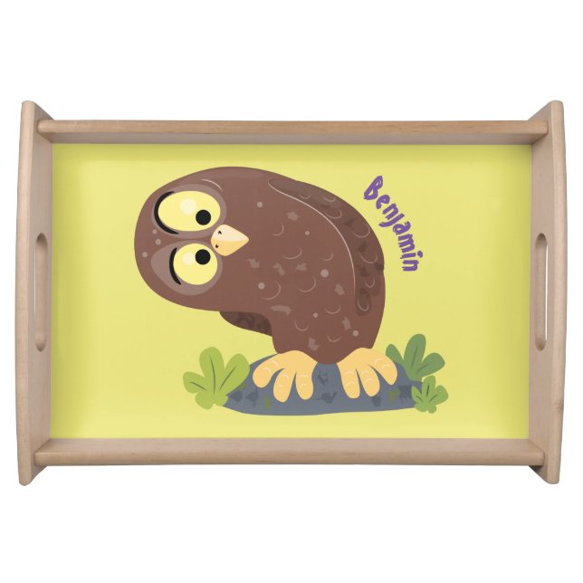 Cute curious funny brown owl cartoon illustration serving tray (Front)
