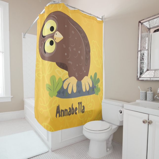 Cute curious funny brown owl cartoon illustration shower curtain (In Situ)