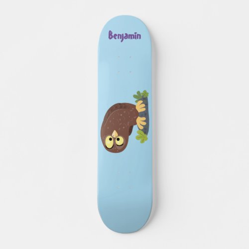 Cute curious funny brown owl cartoon illustration skateboard