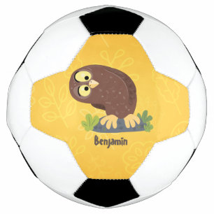 Cute curious funny brown owl cartoon illustration  soccer ball