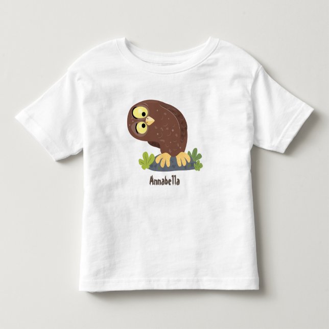 Cute curious funny brown owl cartoon illustration toddler t-shirt (Front)