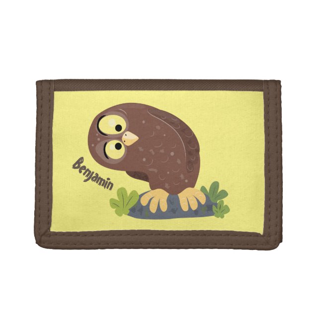 Cute curious funny brown owl cartoon illustration trifold wallet (Front)