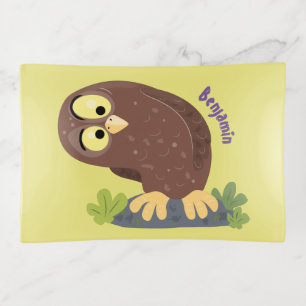 Cute curious funny brown owl cartoon illustration trinket tray