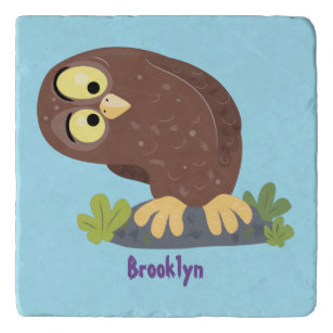 Cute curious funny brown owl cartoon illustration trivet