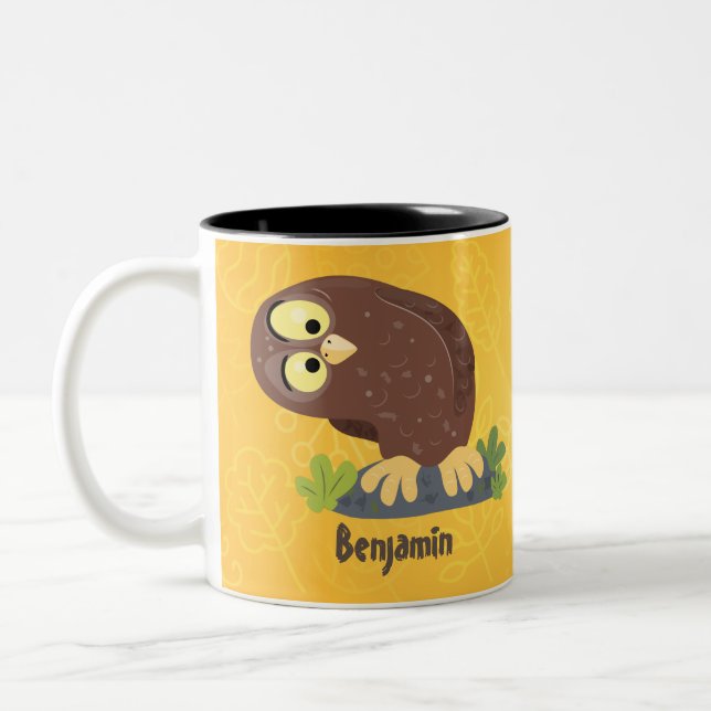 Cute curious funny brown owl cartoon illustration Two-Tone coffee mug (Left)