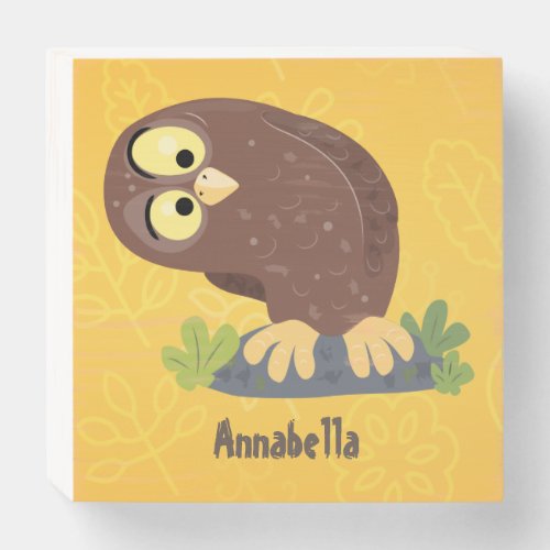 Cute curious funny brown owl cartoon illustration wooden box sign