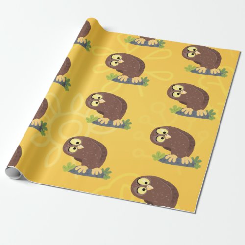Cute curious funny brown owl cartoon illustration wrapping paper