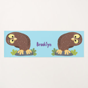 Cute curious funny brown owl cartoon illustration yoga mat
