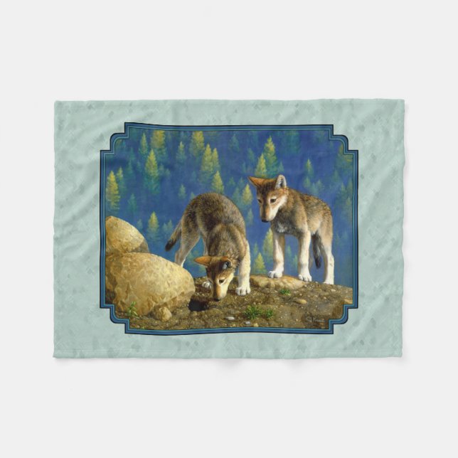 Cute Curious Gray Wolf Pups Fleece Blanket (Front (Horizontal))