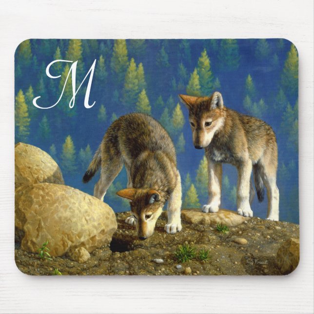 Cute Curious Gray Wolf Pups Mouse Pad (Front)