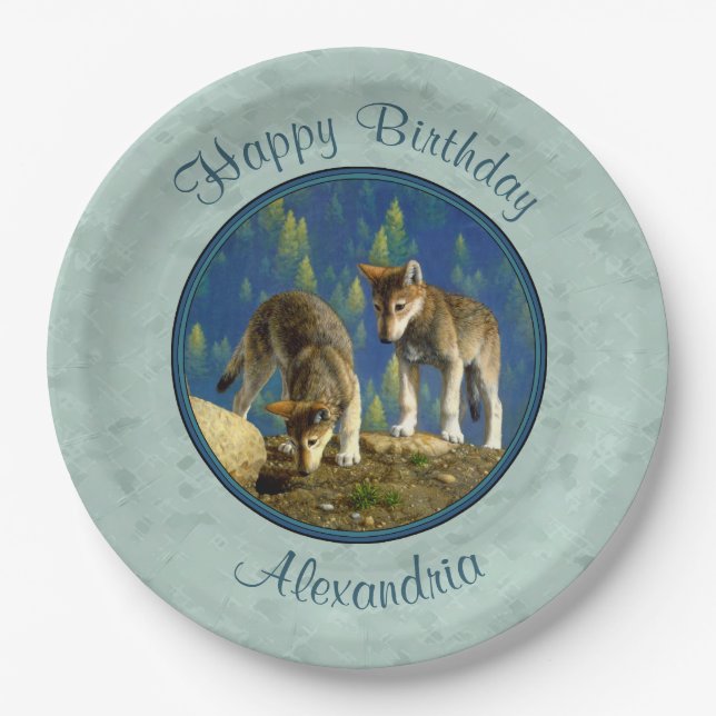 Cute Curious Gray Wolf Pups Paper Plates (Front)