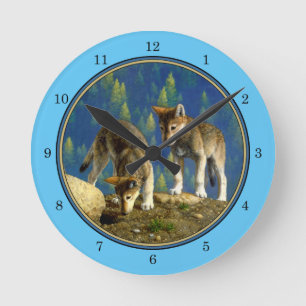 Cute Curious Gray Wolf Pups Round Clock