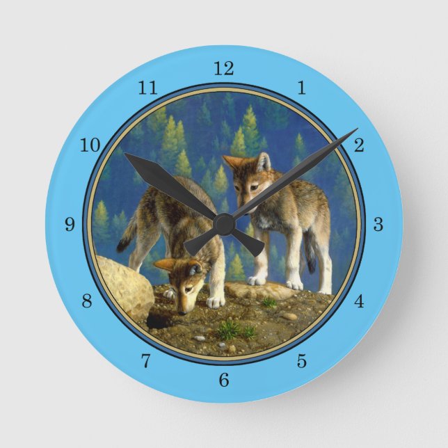 Cute Curious Gray Wolf Pups Round Clock (Front)