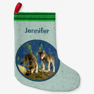 Cute Curious Gray Wolf Pups Small Christmas Stocking