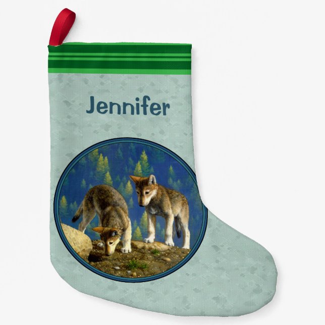 Cute Curious Gray Wolf Pups Small Christmas Stocking (Front)