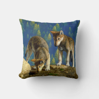 Cute Curious Gray Wolf Pups Throw Pillow