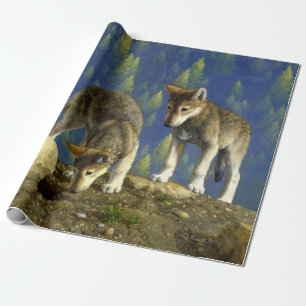 Cute Curious Gray Wolf Pups Wrapping Paper