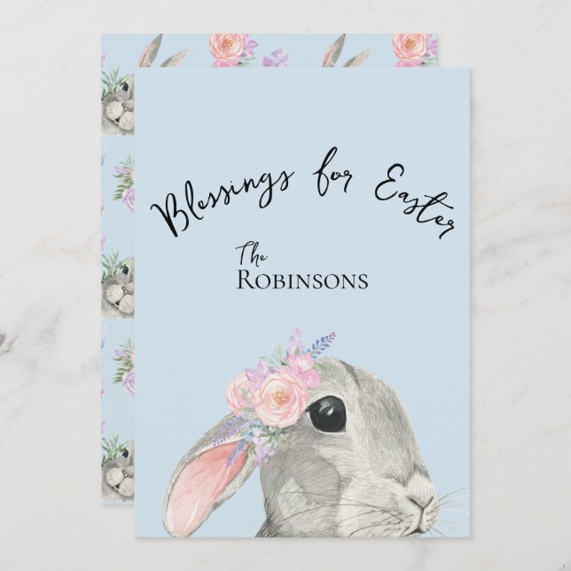 Cute Curious Grey Rabbit Pink Flowers Blue Easter (Front/Back)