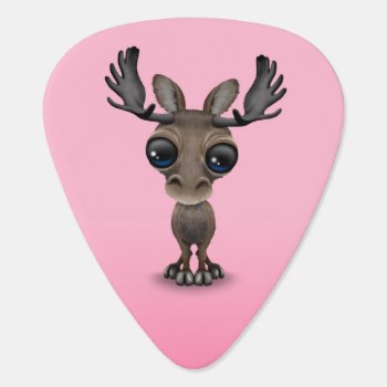 Cute Curious Moose With Big Eyes On Pink Guitar Pick by crazycreatures at Zazzle