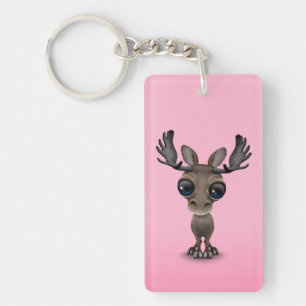 Cute Curious Moose with Big Eyes on Pink Keychain