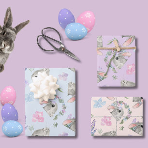 Cute Curious Rabbits Floral Pastel Pink Blue Lilac Wrapping Paper Sheets