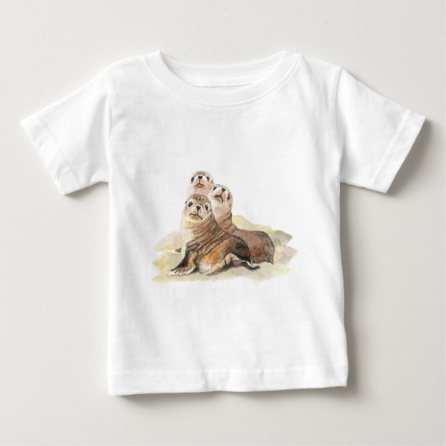 Cute Curious Seals, Watercolor Animals Baby T-Shirt (Front)