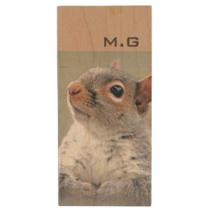 Cute Curious Squirrel Profile Photo Monogram Wood Flash Drive